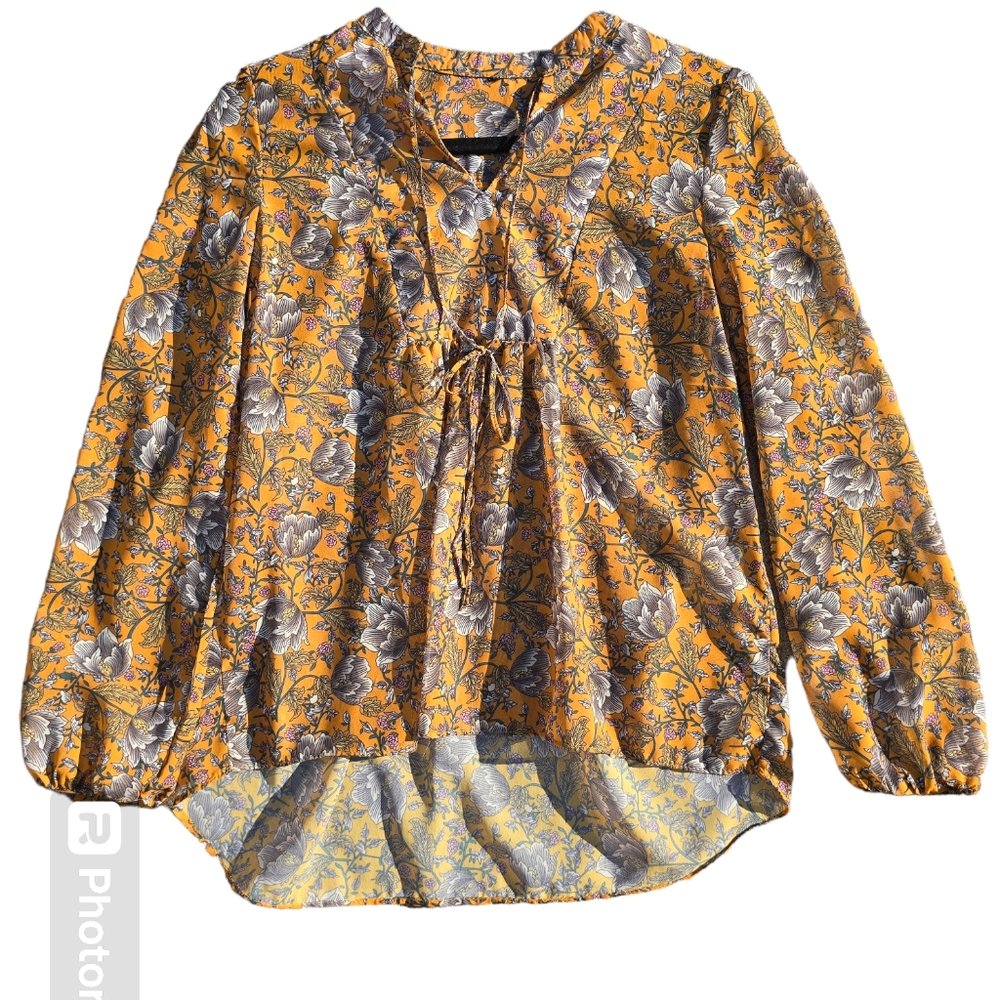Anthropologie Yellow Floral Sheer Blouse Size M